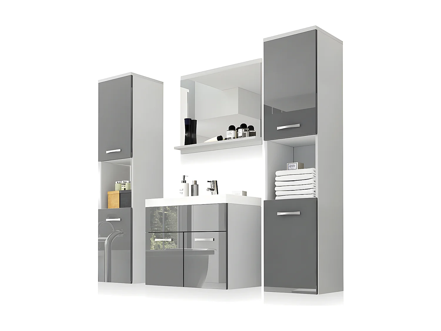 Ensemble de meubles de salle de bain - blanc mat / gris brillant - Sillali grand