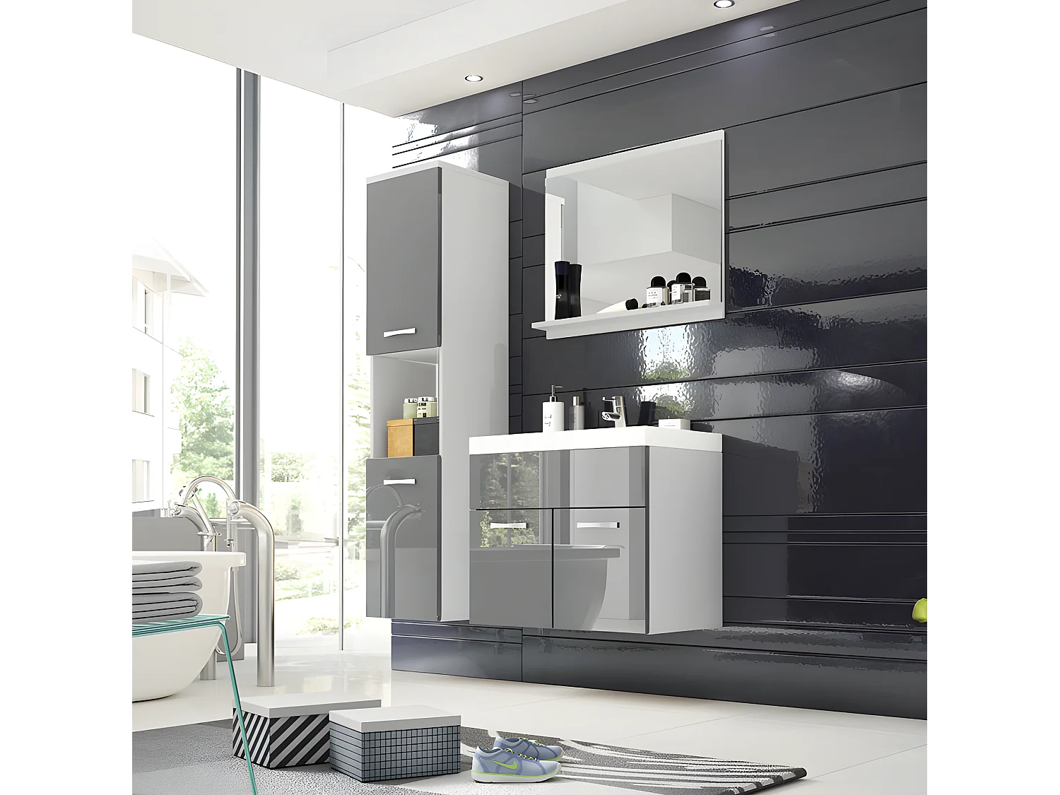 Ensemble de meubles de salle de bain - blanc mat / gris brillant - Sillali petit