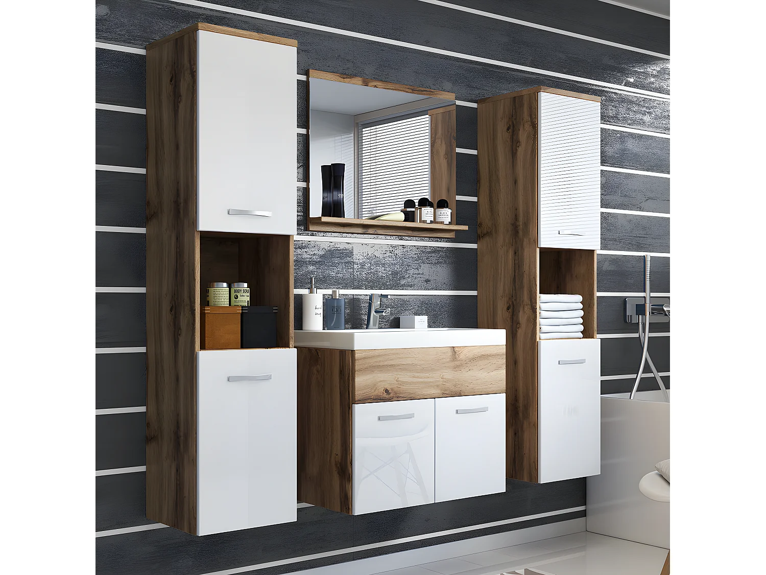Ensemble de meubles de salle de bain - chêne wotan / blanc brillant - Sillali grand