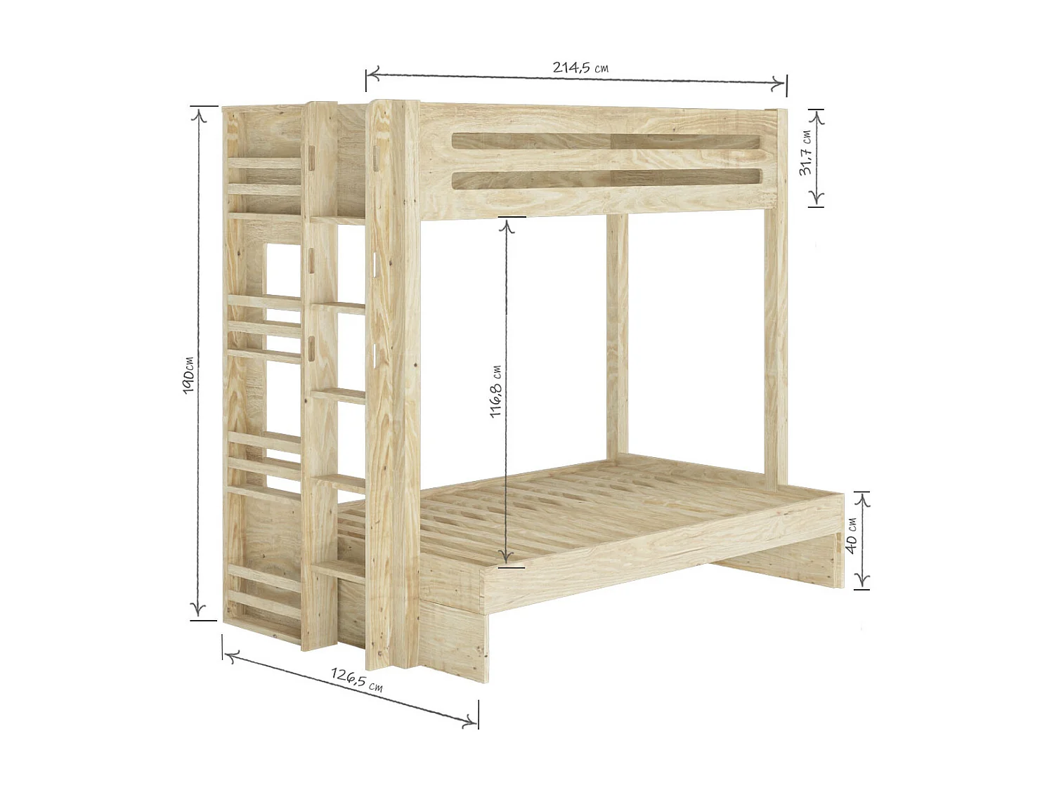 Lit superposé 3 places 120x190 cm bois massif bois naturel ISA