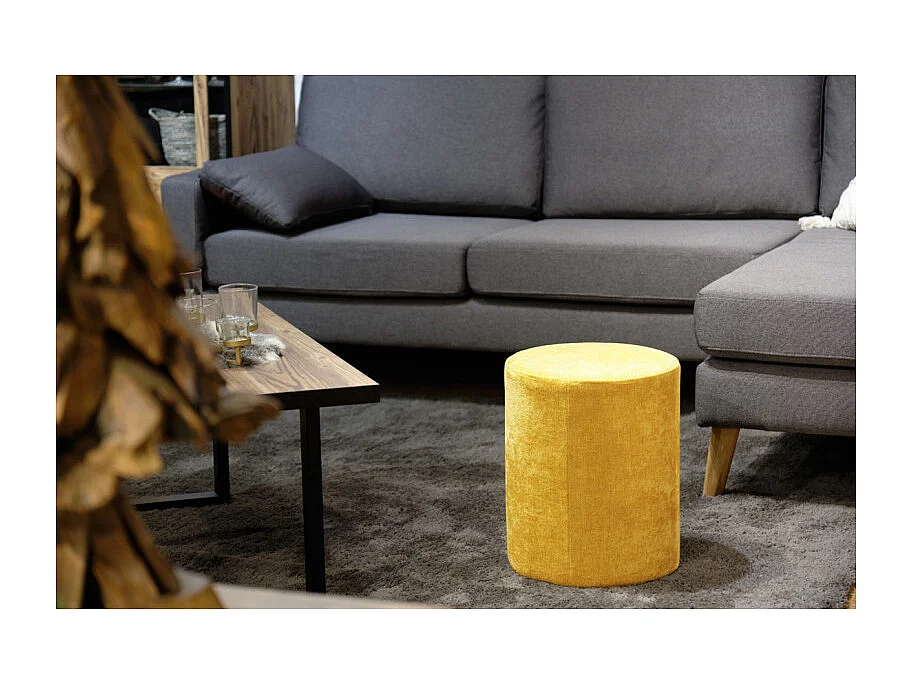 Pouf / Repose pieds rond en tissu doux jaune D. 33 cm - ELLIE