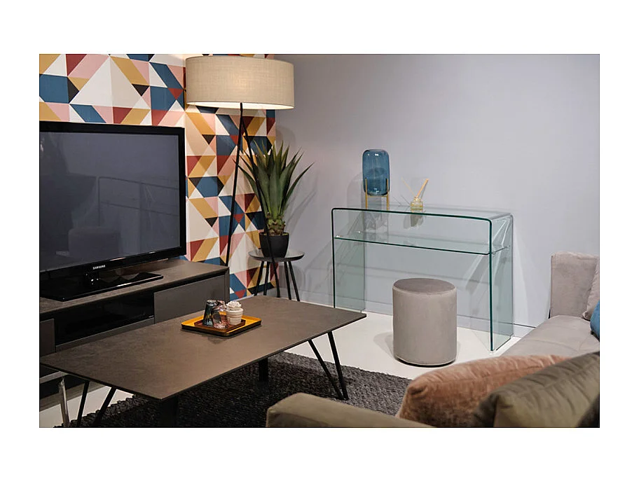 Pouf / Repose pieds rond en velours lisse gris D. 33 cm - ELLIE