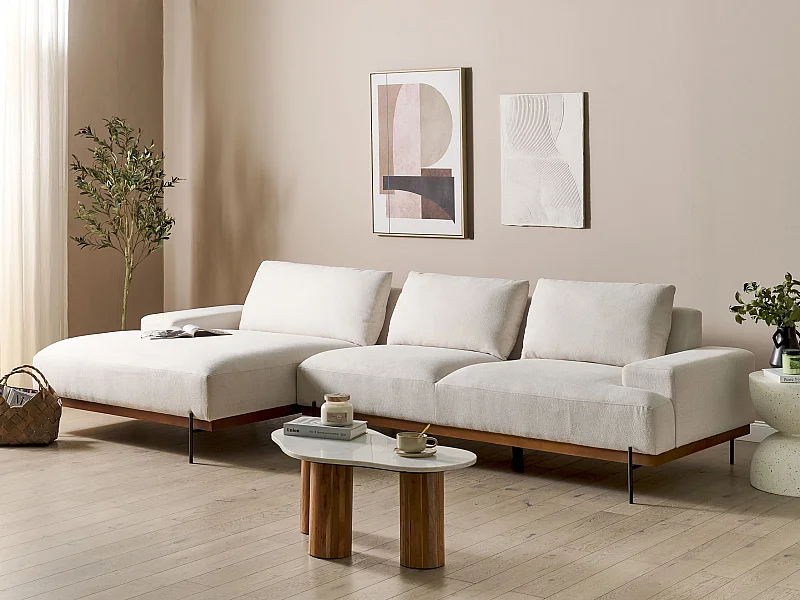 3-Sitzer Ecksofa L-förmig beige mit Chaiselongue rechts mehrere Kissen Mariferd