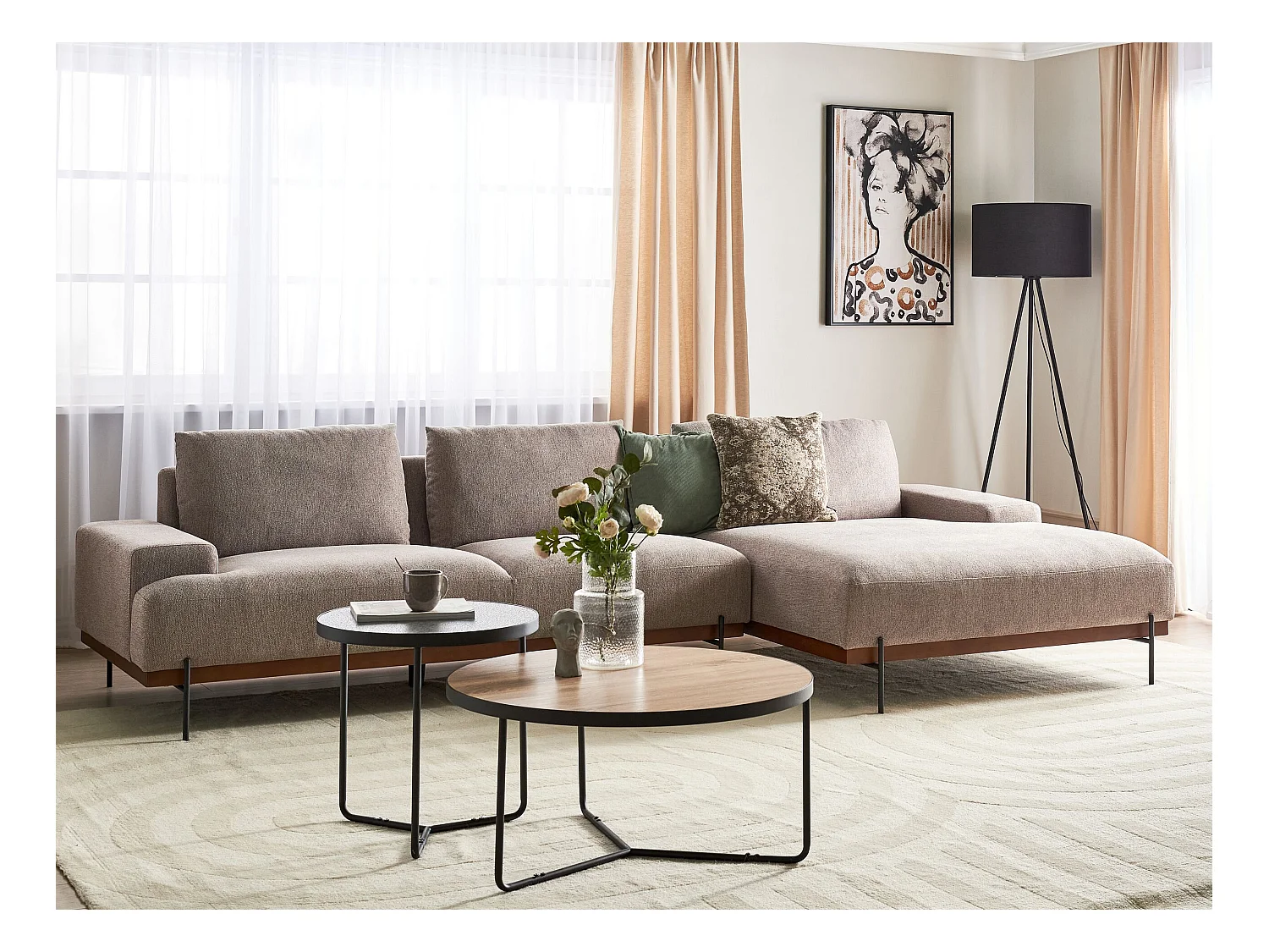Canapé d'Angle droite Style Minimaliste 3 Places en Tissu Marron Clair et Pieds Métal Mariferd