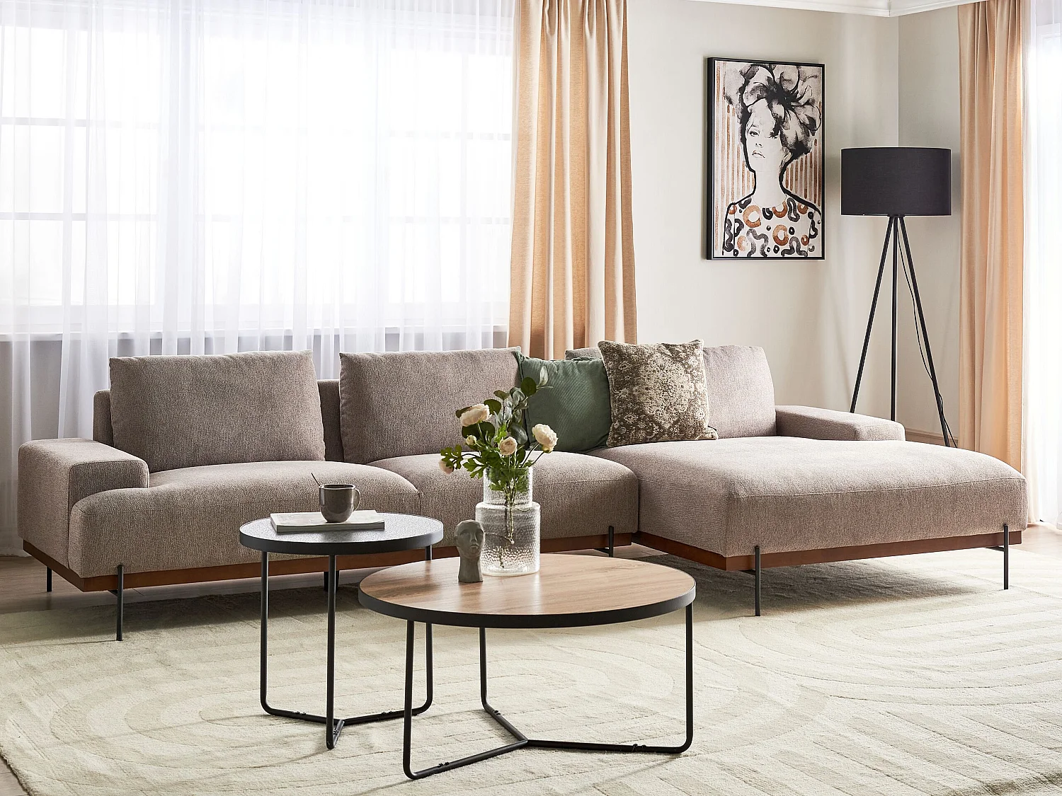 Canapé d'Angle droite Style Minimaliste 3 Places en Tissu Marron Clair et Pieds Métal Mariferd