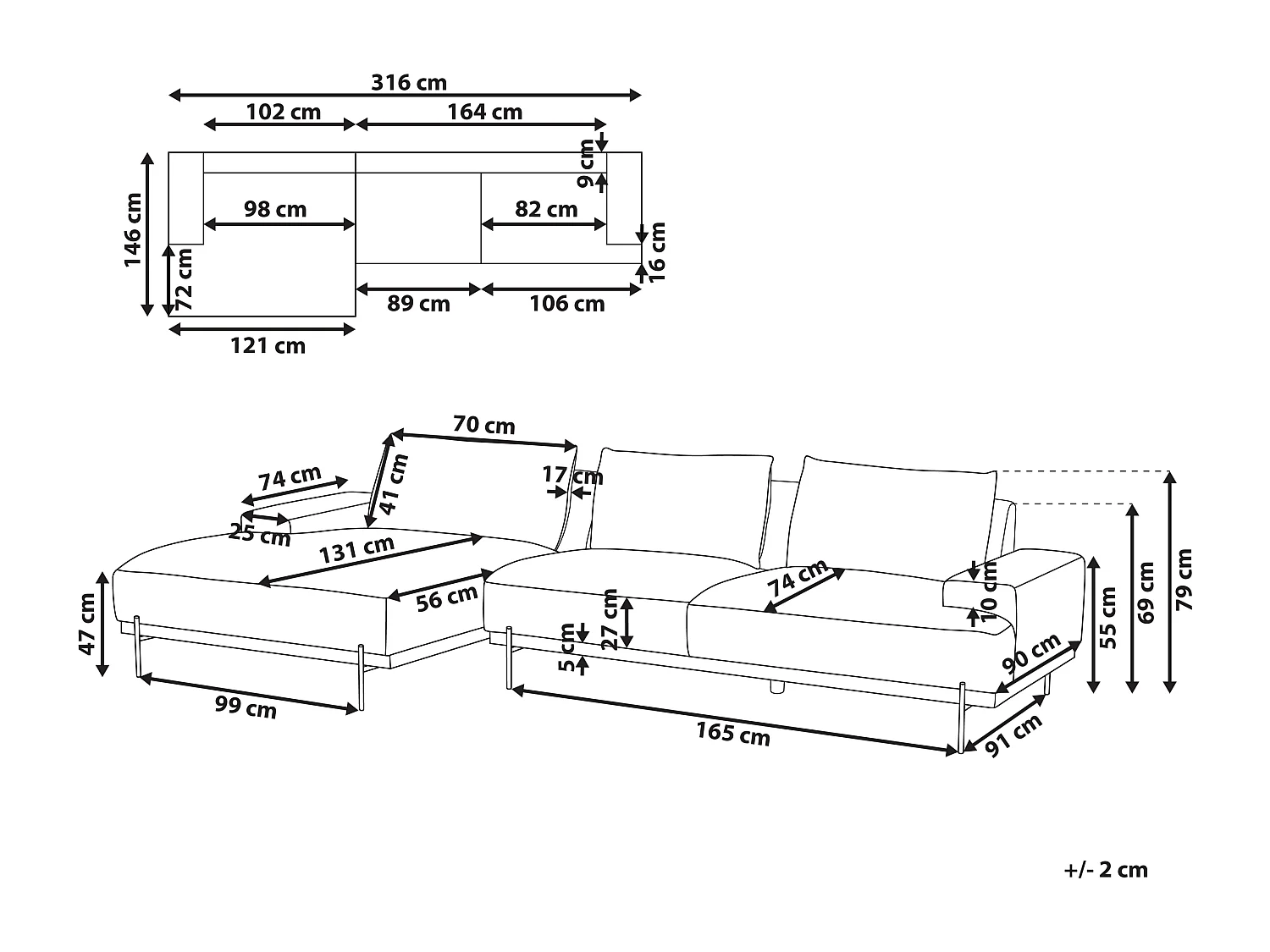 3-Sitzer Ecksofa L-förmig braun mit Chaiselongue rechts mehrere Kissen Mariferd
