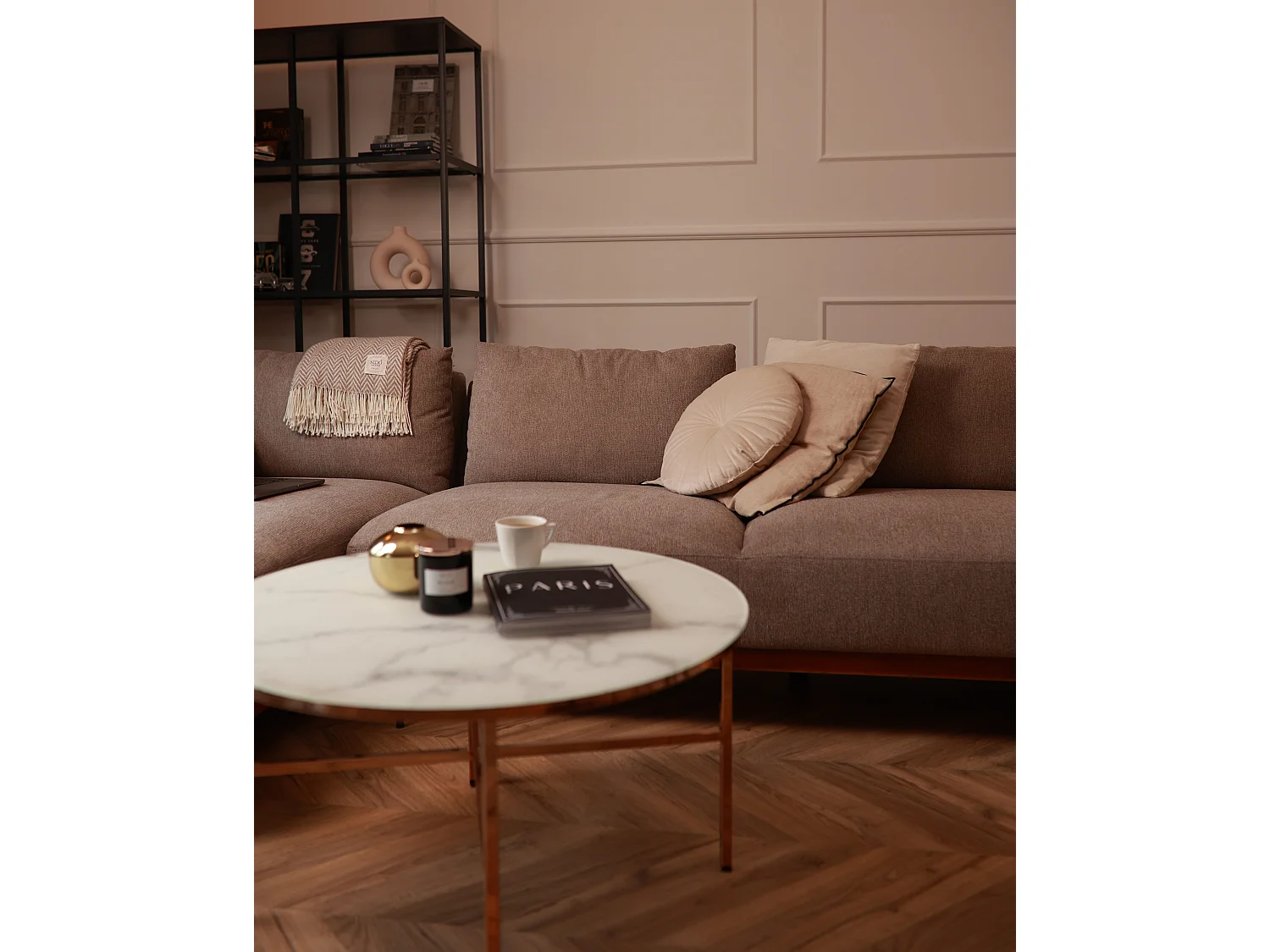 Canapé d'angle droit 3 places en coton marron