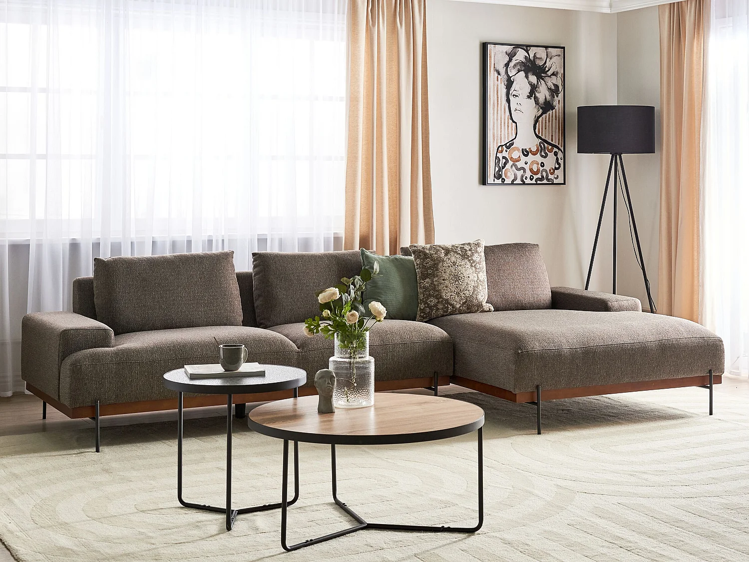 Canapé d'Angle droite Style Minimaliste 3 Places en Tissu Marron et Pieds Métal Mariferd