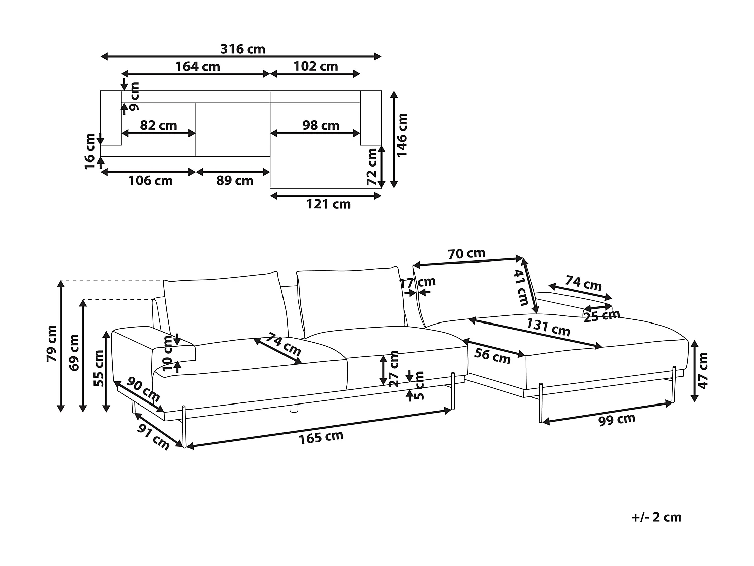 Canapé d'Angle droite Style Minimaliste 3 Places en Tissu Marron et Pieds Métal Mariferd
