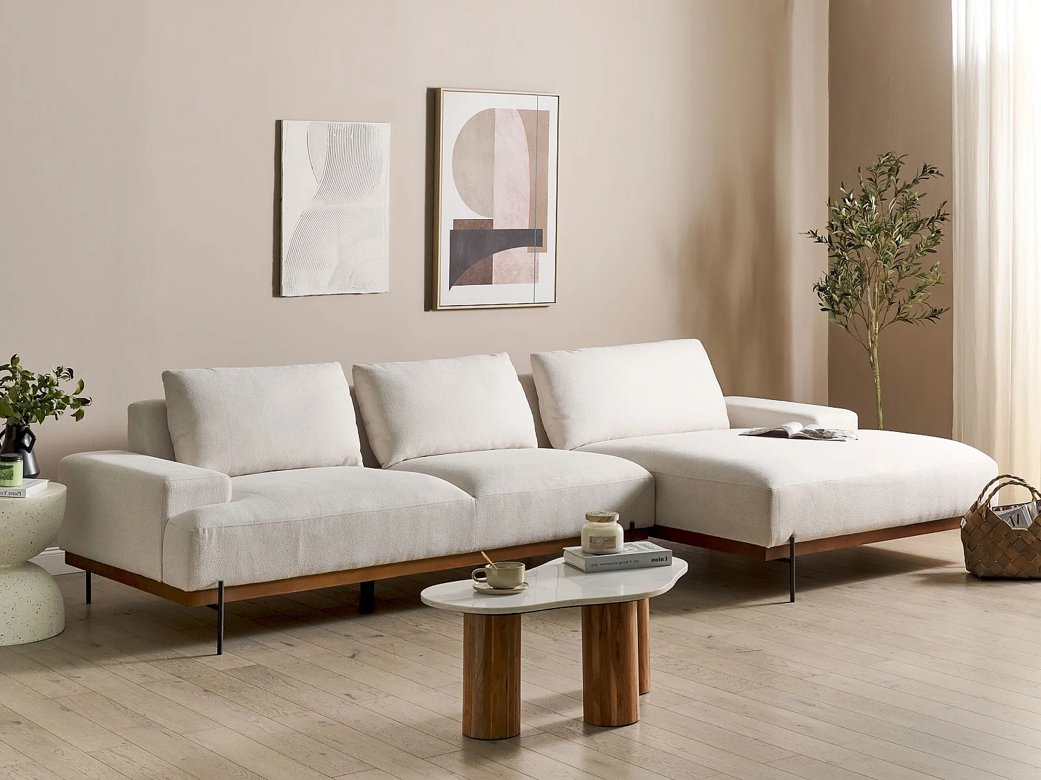 Canapé d'angle MARIFERD Tissu Beige clair 3 places Côté gauche