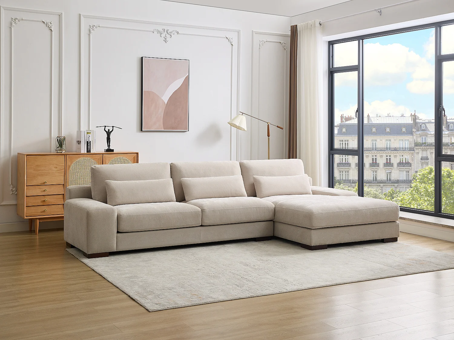 Kanapa narożna prawostronna z beżową tapicerką - STRALAO