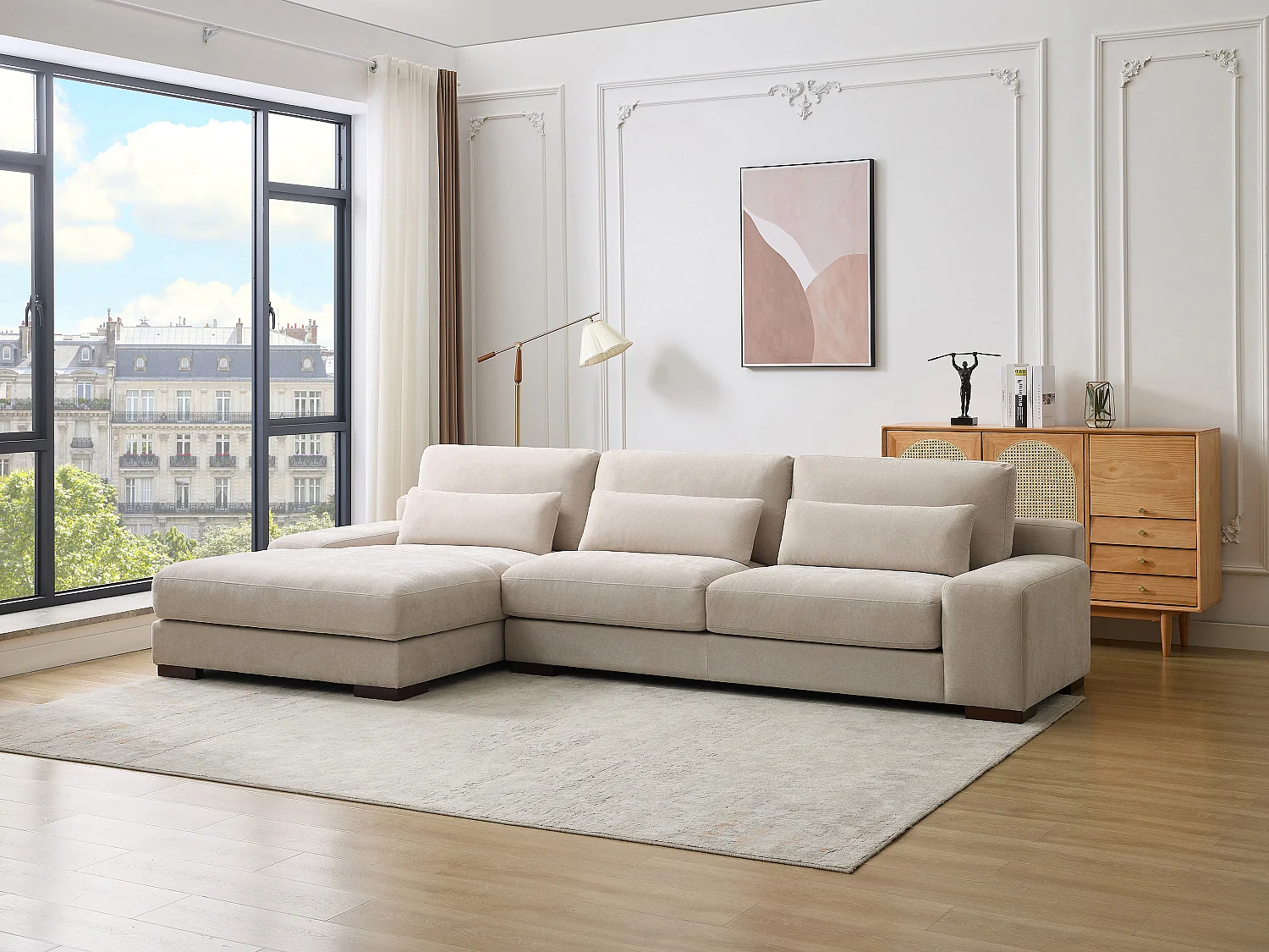 Canapé d'angle gauche en tissu beige STRALAO