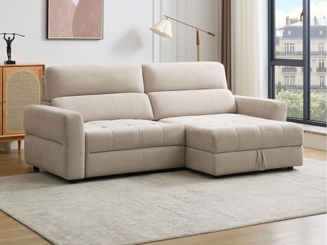 Canapé d'angle droit relax électrique avec assise coulissante en tissu beige OLMERIO