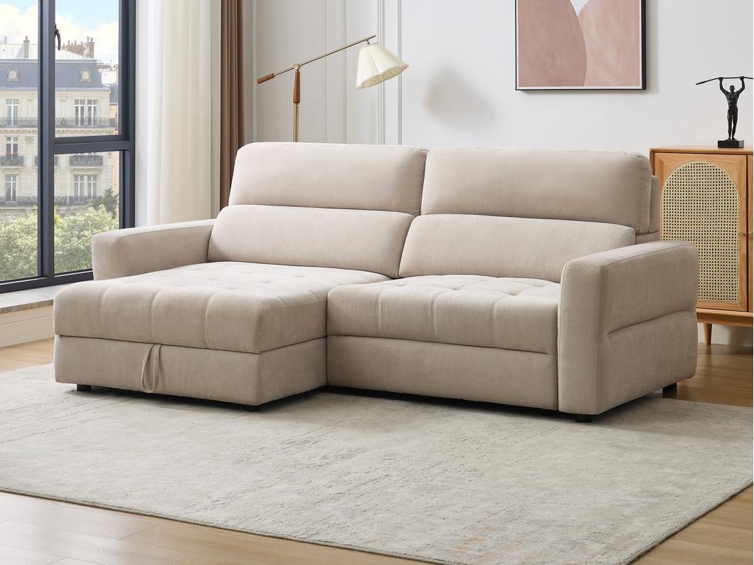 Canapé d'angle gauche relax électrique avec assise coulissante en tissu beige OLMERIO