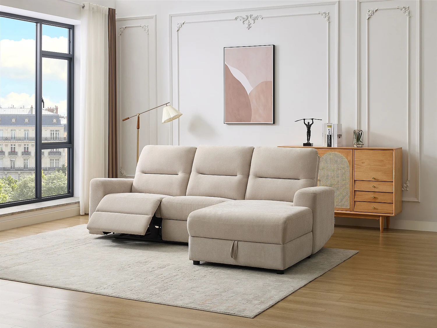 Divano angolo a destra relax elettrico con portaoggetti in Tessuto Beige  - BURIOCA