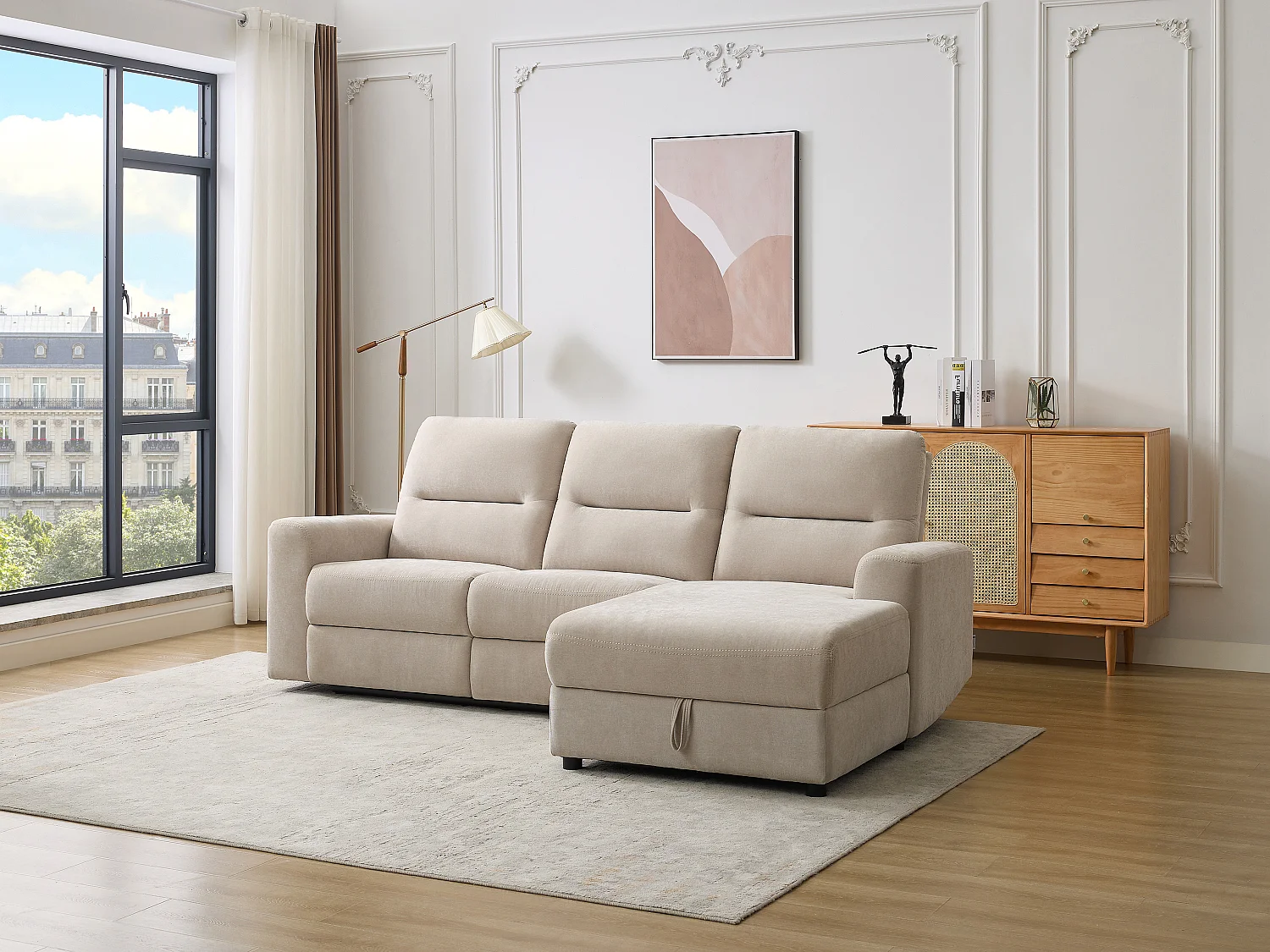 Canapé d'angle droit relax électrique avec rangements en tissu beige BURIOCA