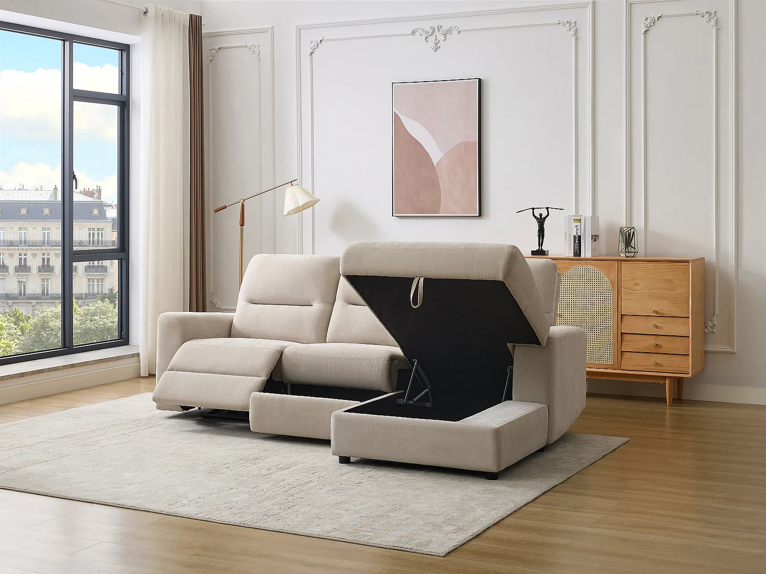 Elektrische relaxhoekbank met hoek rechts met opbergruimte van beige stof BURIOCA