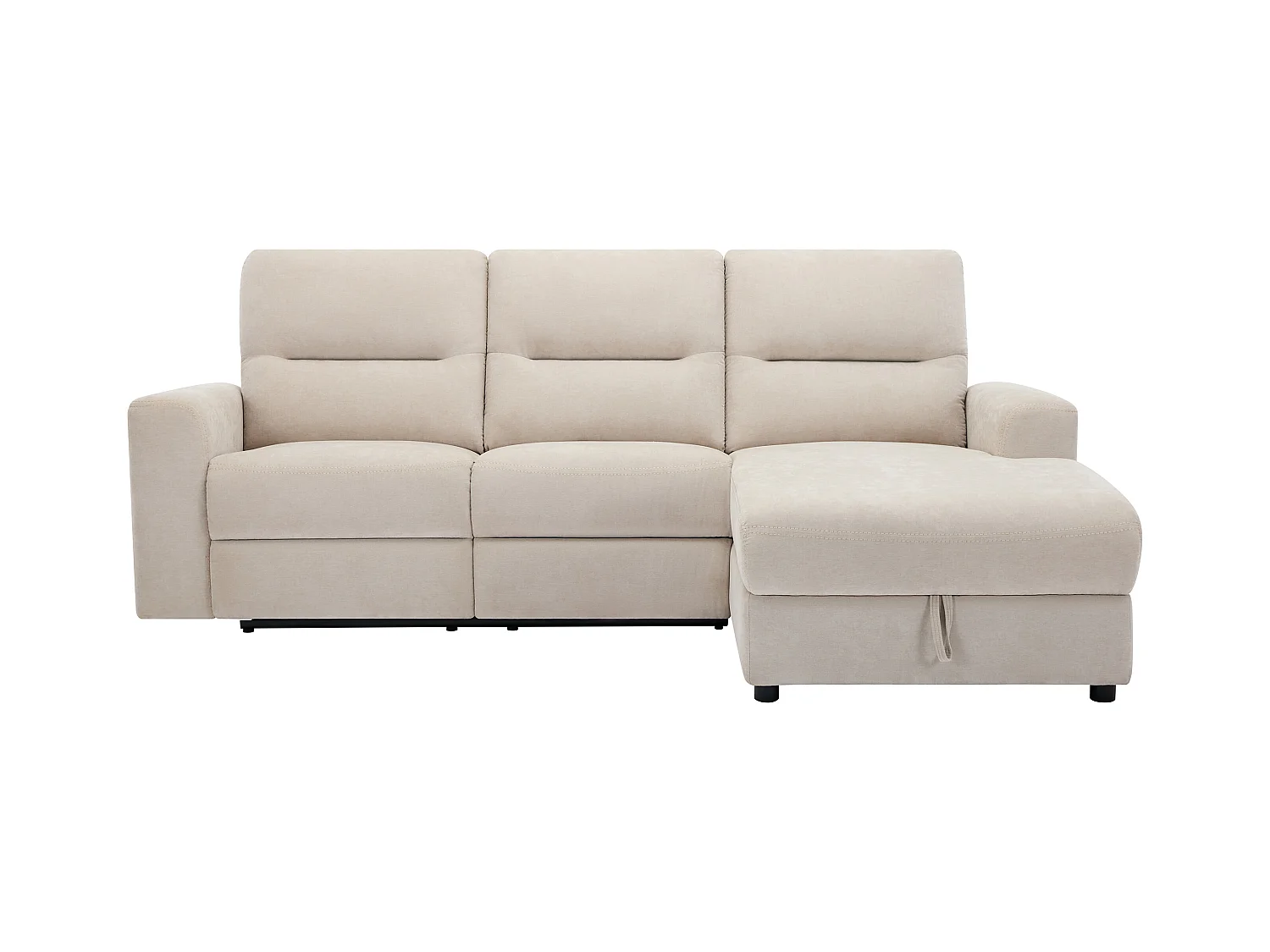 Elektrische relaxhoekbank met hoek rechts met opbergruimte van beige stof BURIOCA