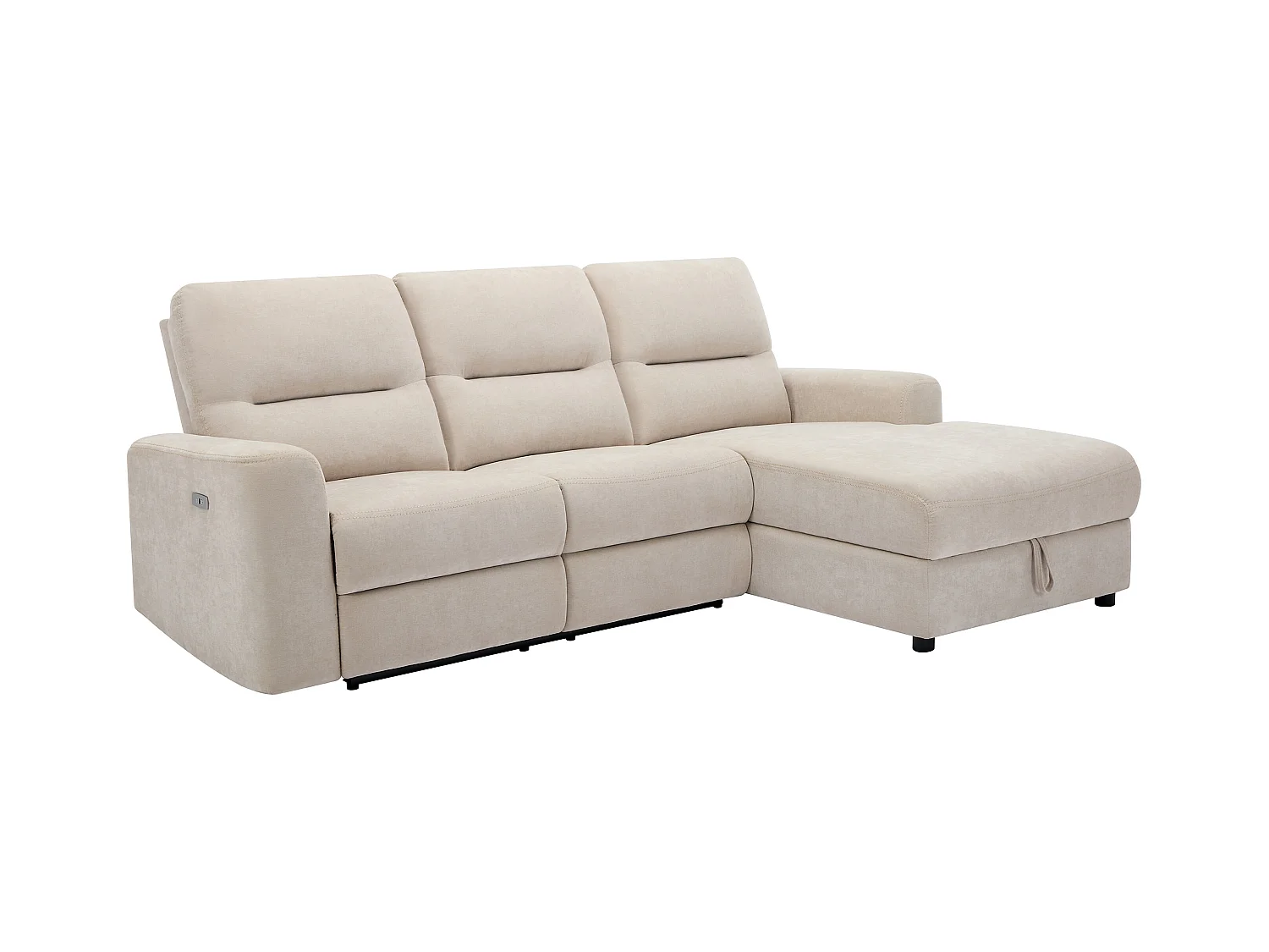 Elektrische relaxhoekbank met hoek rechts met opbergruimte van beige stof BURIOCA
