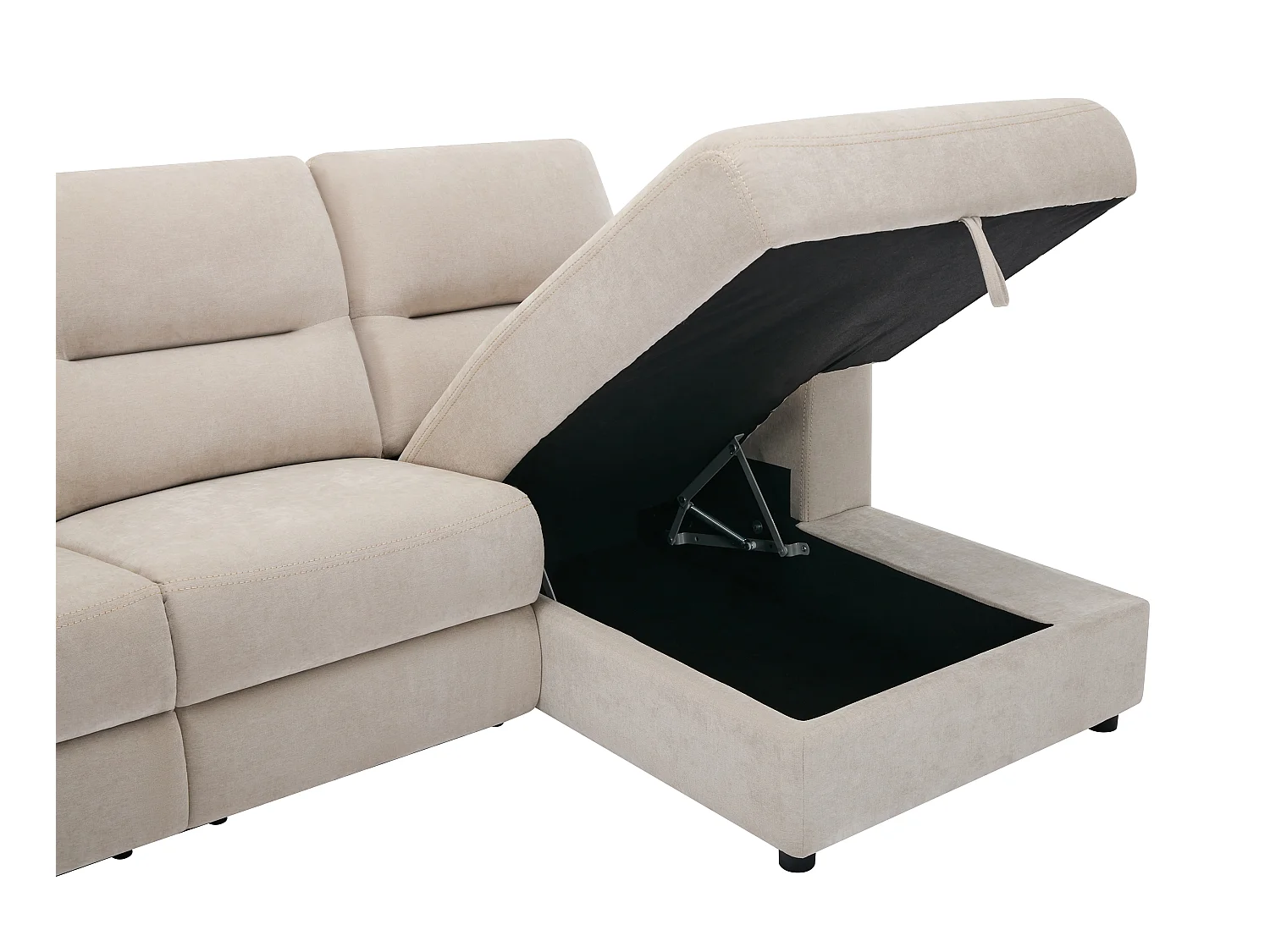 Elektrische relaxhoekbank met hoek rechts met opbergruimte van beige stof BURIOCA