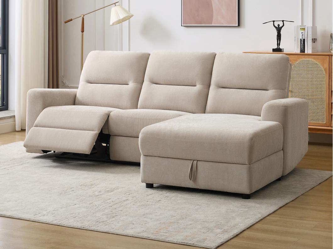 Canapé d'angle droit relax électrique avec rangements en tissu beige BURIOCA