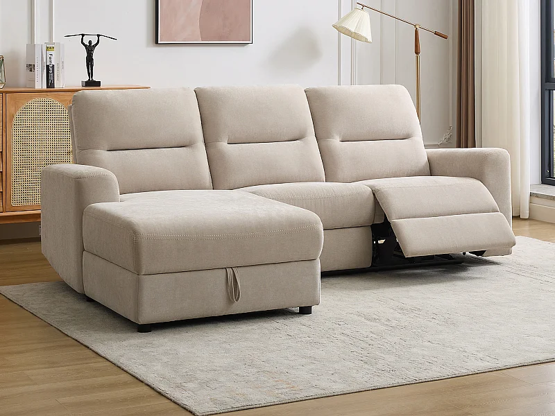 Canapé d'angle gauche relax électrique avec rangements en tissu beige BURIOCA
