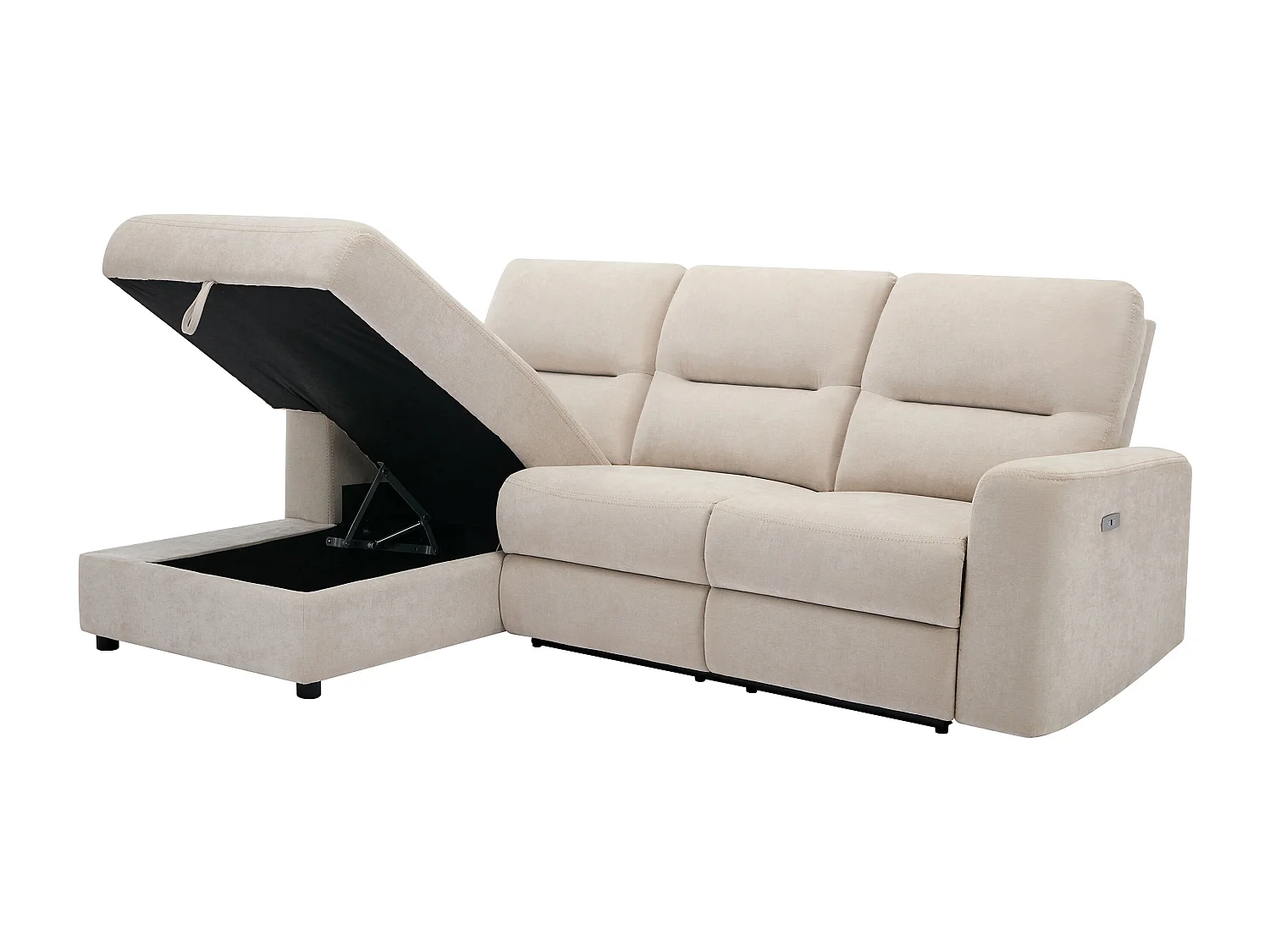 Elektrische relaxhoekbank met hoek links met opbergruimte van beige stof BURIOCA