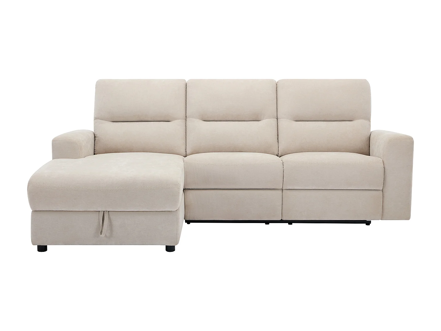 Elektrische relaxhoekbank met hoek links met opbergruimte van beige stof BURIOCA