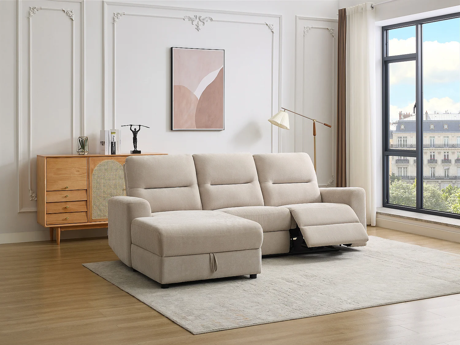 Canapé d'angle gauche relax électrique avec rangements en tissu beige BURIOCA