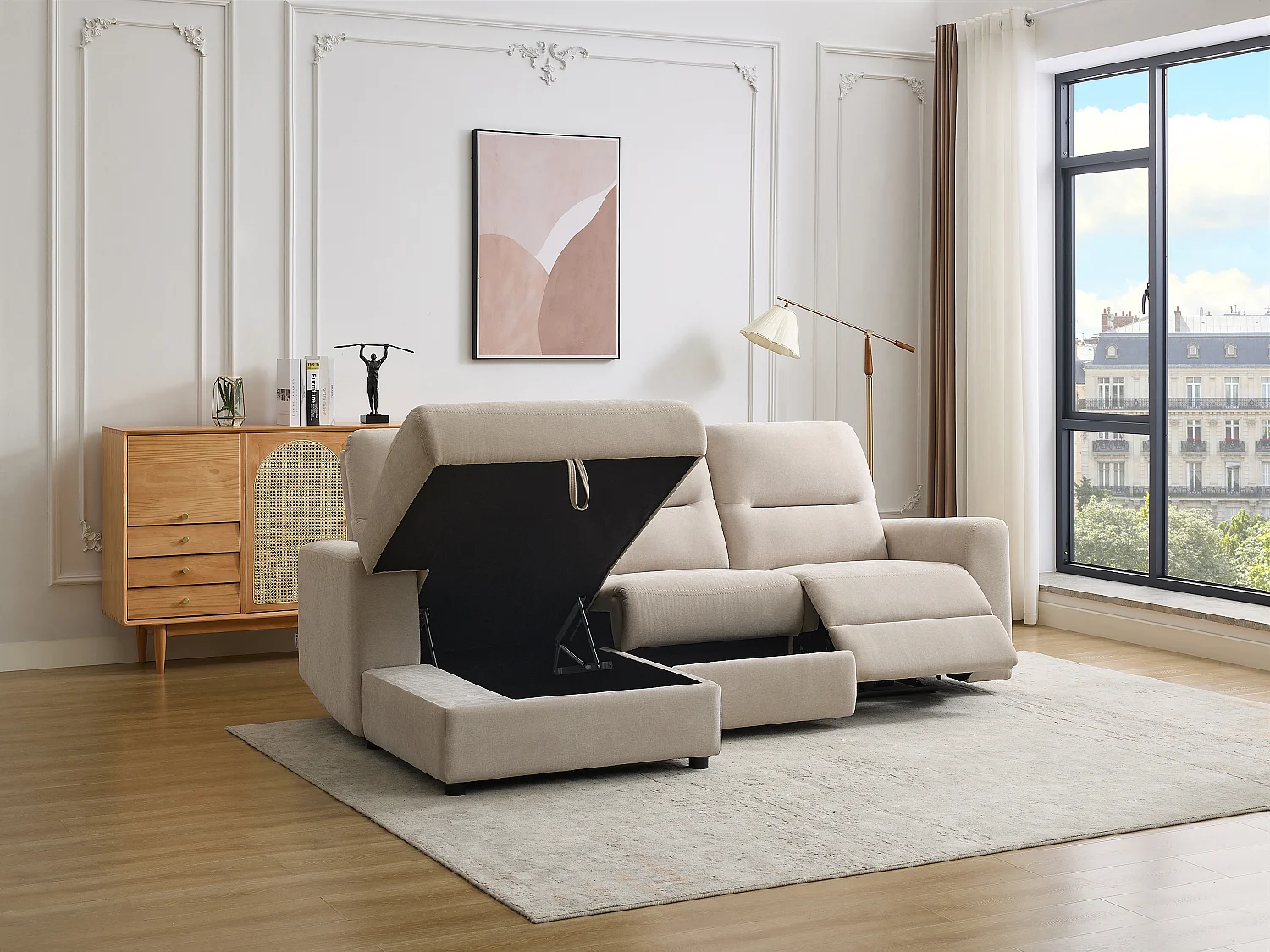 Canapé d'angle gauche relax électrique avec rangements en tissu beige BURIOCA