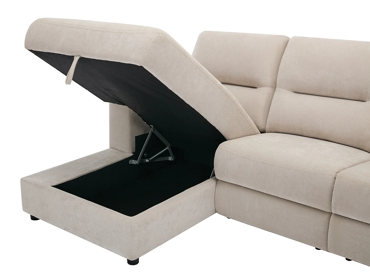 Elektrische relaxhoekbank met hoek links met opbergruimte van beige stof BURIOCA