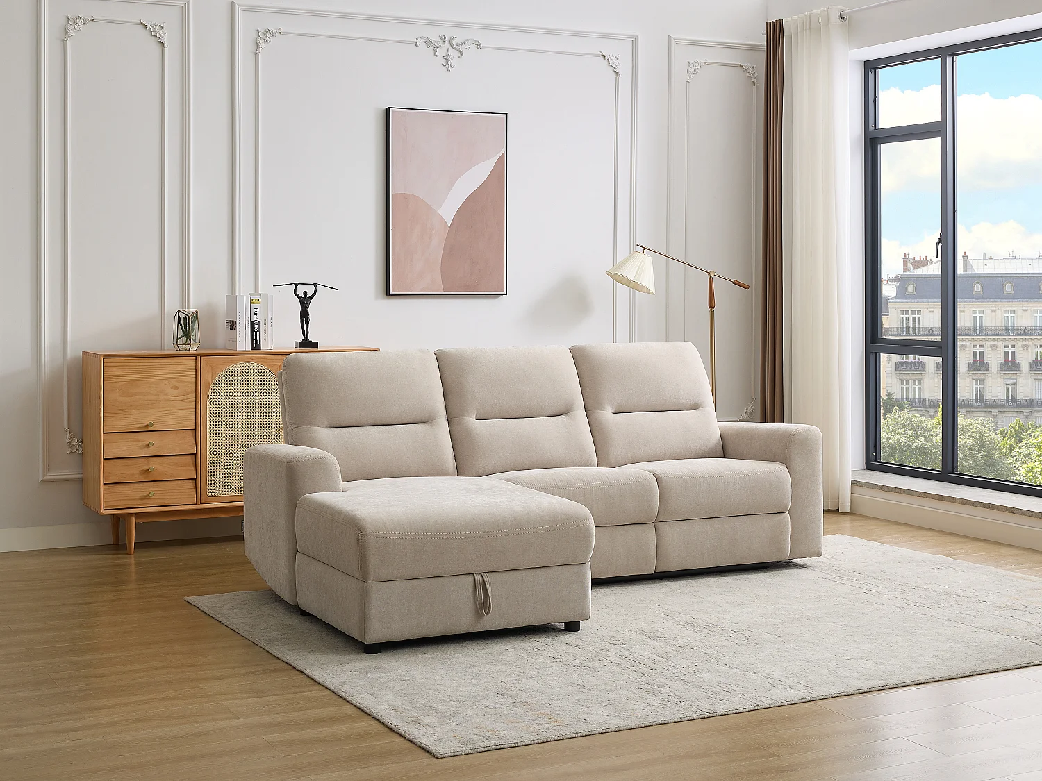 Canapé d'angle gauche relax électrique avec rangements en tissu beige BURIOCA