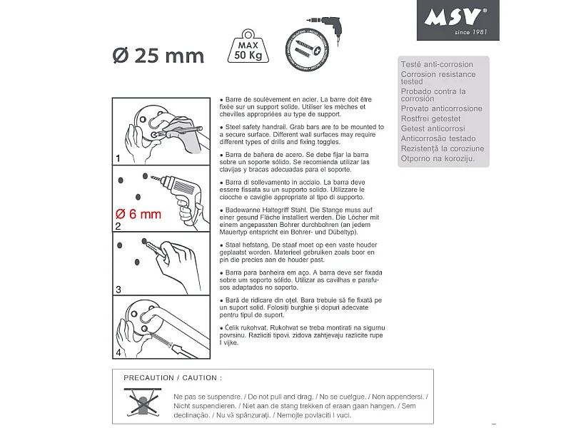Barre de redressement ou d'appui Acier 40cm Chromé MSV