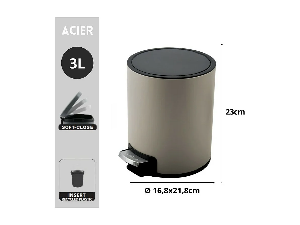 Poubelle à  pédale Inox RIKU 3L Taupe mat Spirella