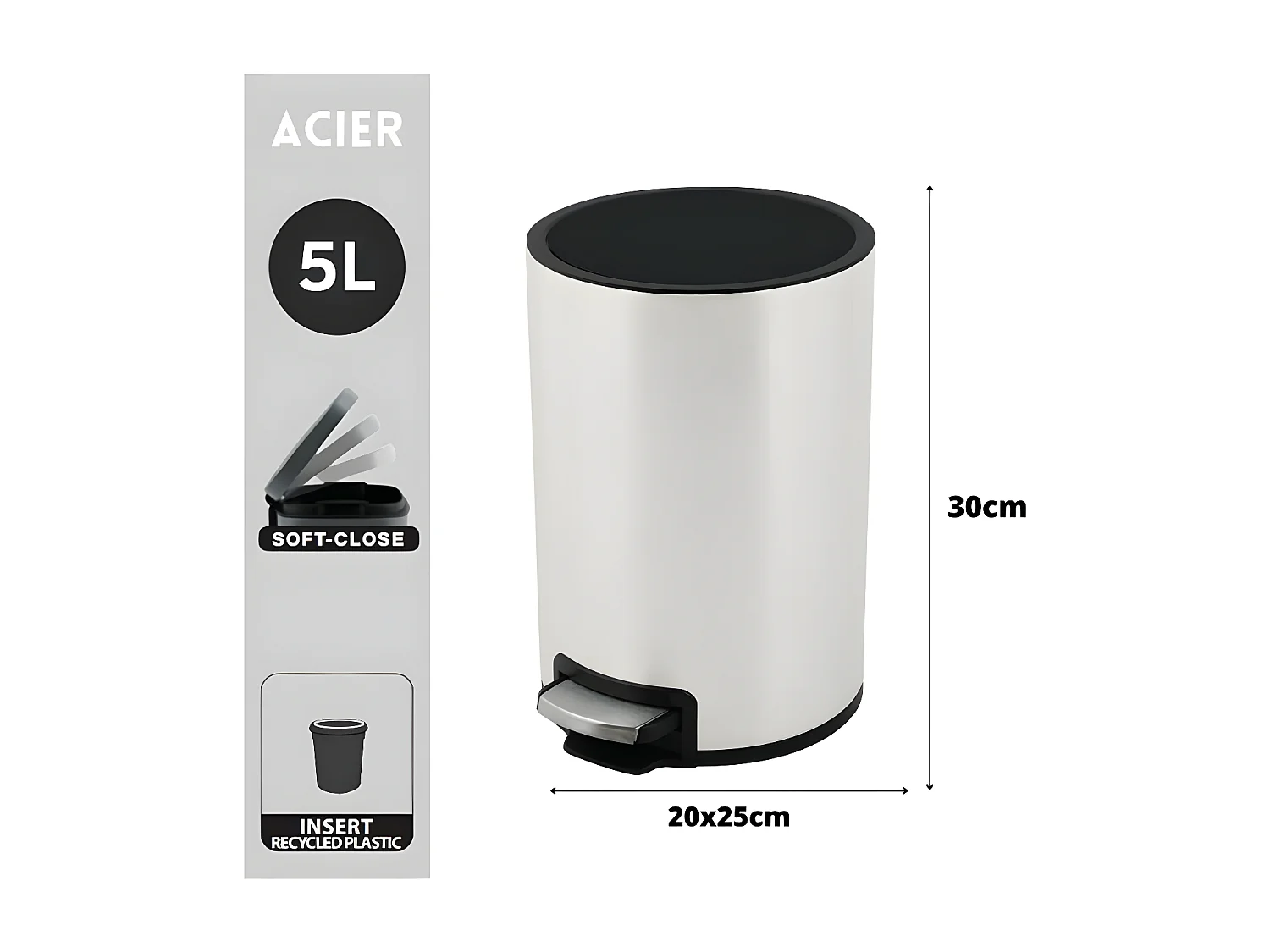 Poubelle à  pédale Inox RIKU 5L Blanc mat Spirella