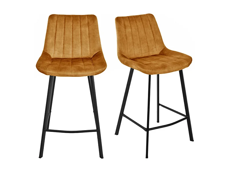 Lot 2 chaises de bar capitonnées velours jaune et pieds métal - NANY