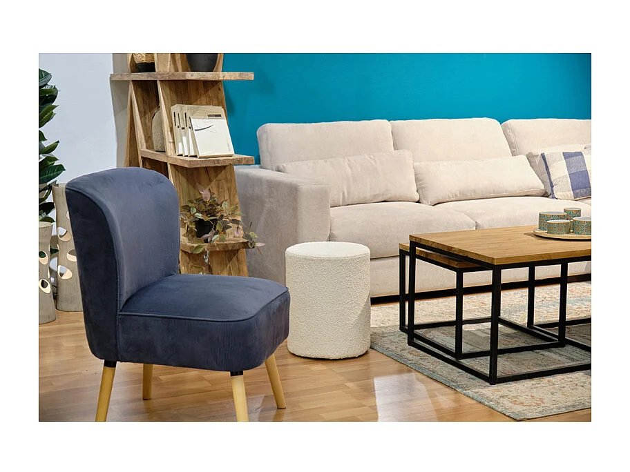 Pouf / Repose pieds rond en tissu bouclette blanc D. 33 cm - ELLIE