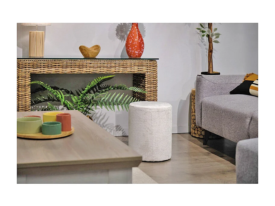 Pouf / Repose pieds rond en tissu côtelé écru D. 33 cm - ELLIE