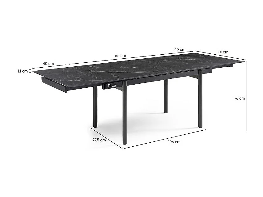 Table extensible 180/260 cm céramique noir marbré pieds droits - INDIANA 09