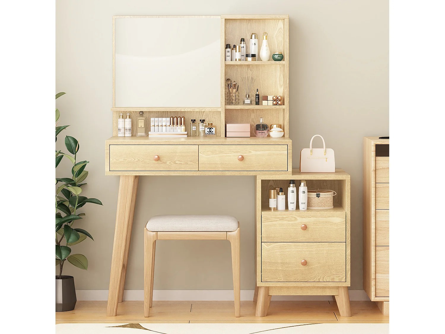 Toeletta con specchio LED - 4 vani aperti e 4 cassetti grandi - Pannelli di particelle di legno - Colore naturale