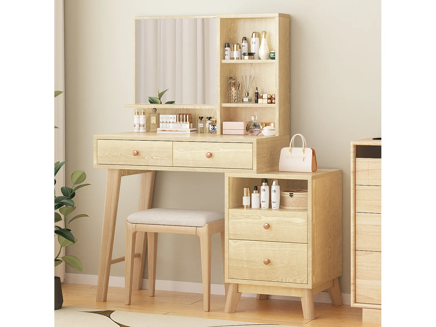Toeletta con specchio LED - 4 vani aperti e 4 cassetti grandi - Pannelli di particelle di legno - Colore naturale