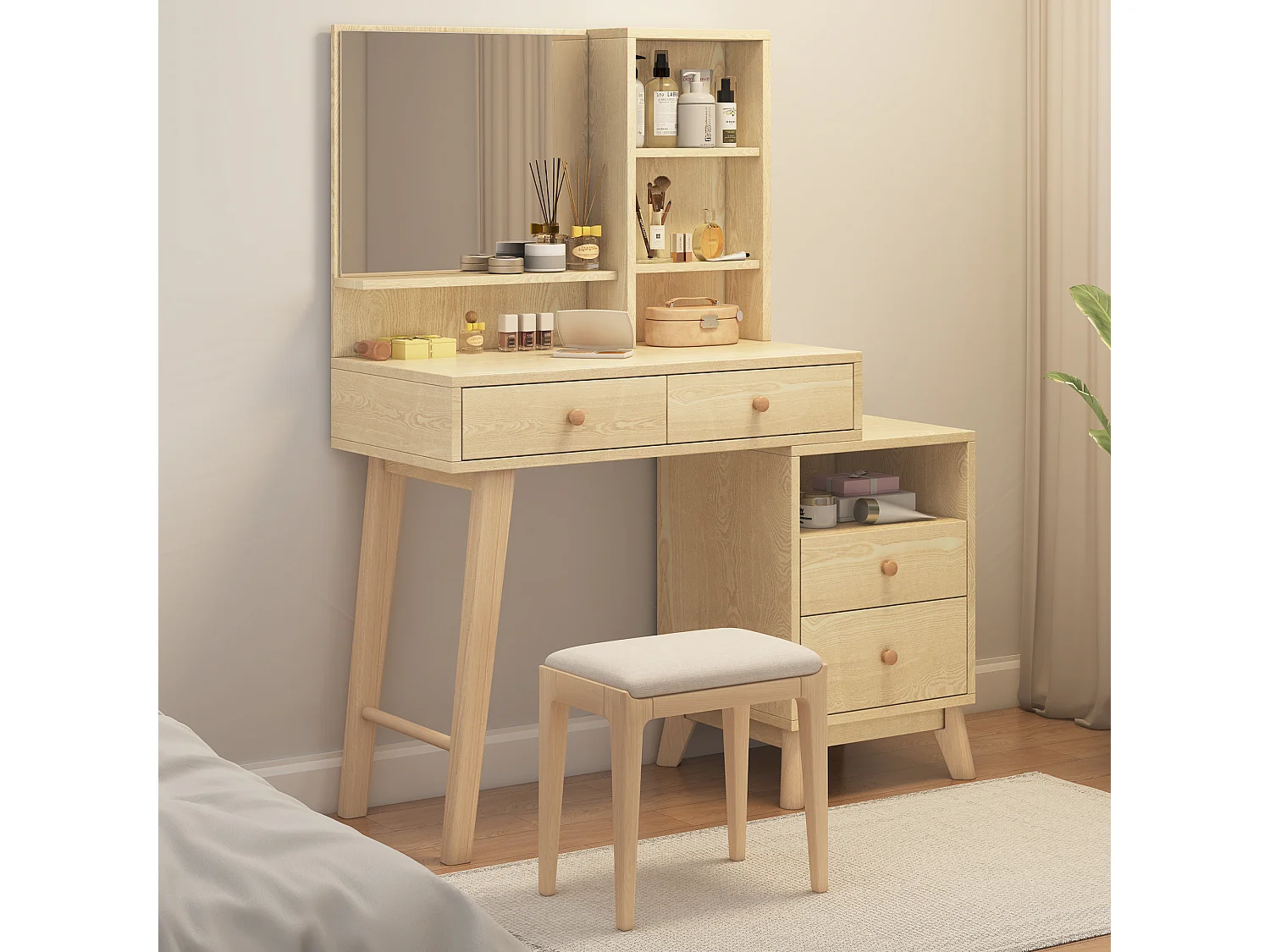 Toeletta con specchio LED - 4 vani aperti e 4 cassetti grandi - Pannelli di particelle di legno - Colore naturale