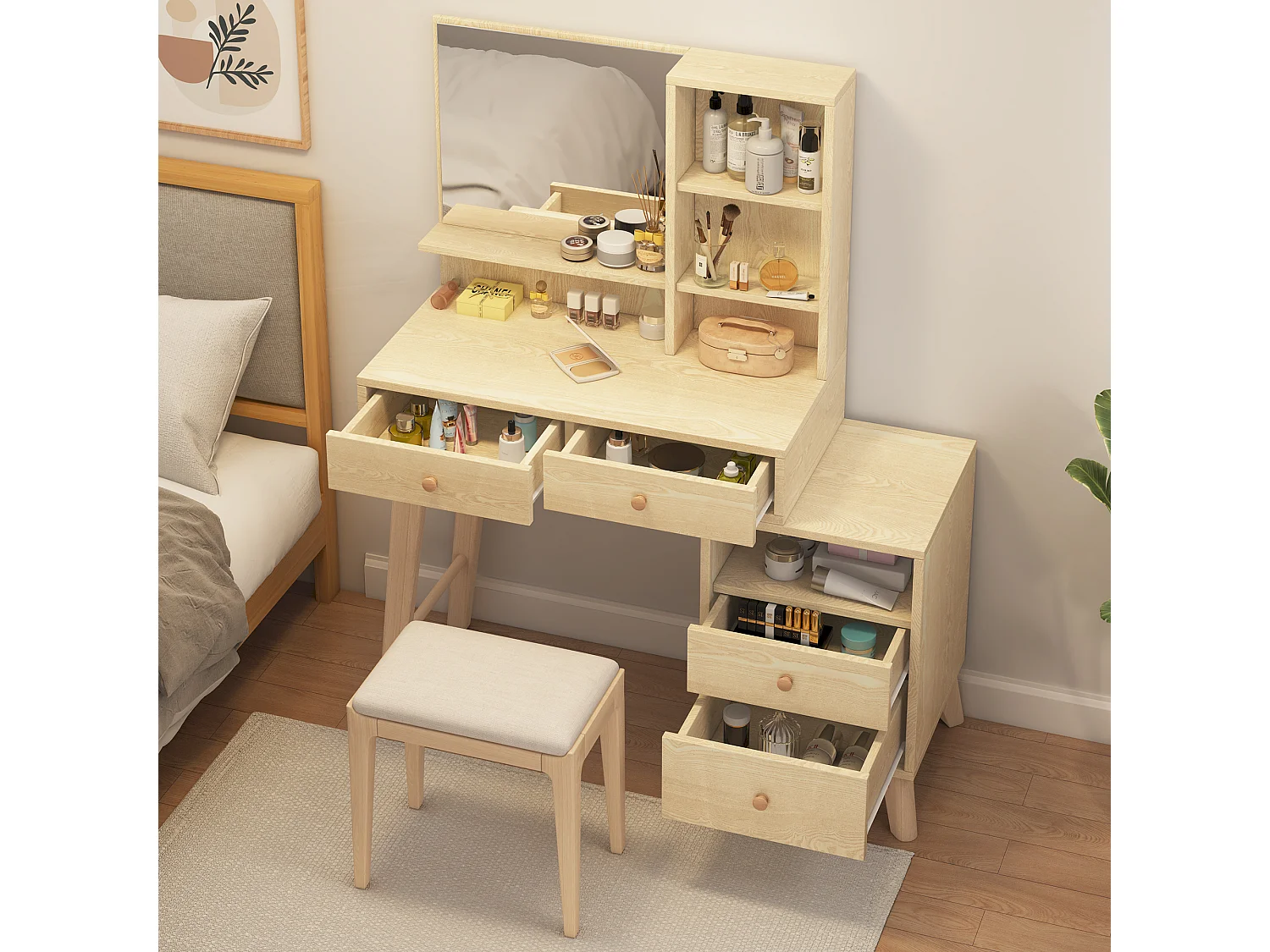 Toeletta con specchio LED - 4 vani aperti e 4 cassetti grandi - Pannelli di particelle di legno - Colore naturale