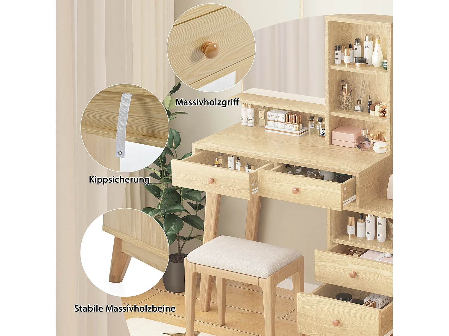 Toeletta con specchio LED - 4 vani aperti e 4 cassetti grandi - Pannelli di particelle di legno - Colore naturale