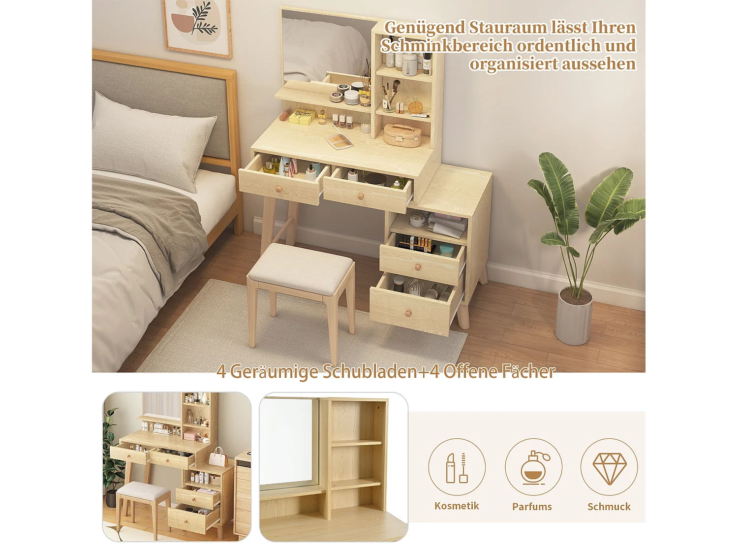 Toeletta con specchio LED - 4 vani aperti e 4 cassetti grandi - Pannelli di particelle di legno - Colore naturale