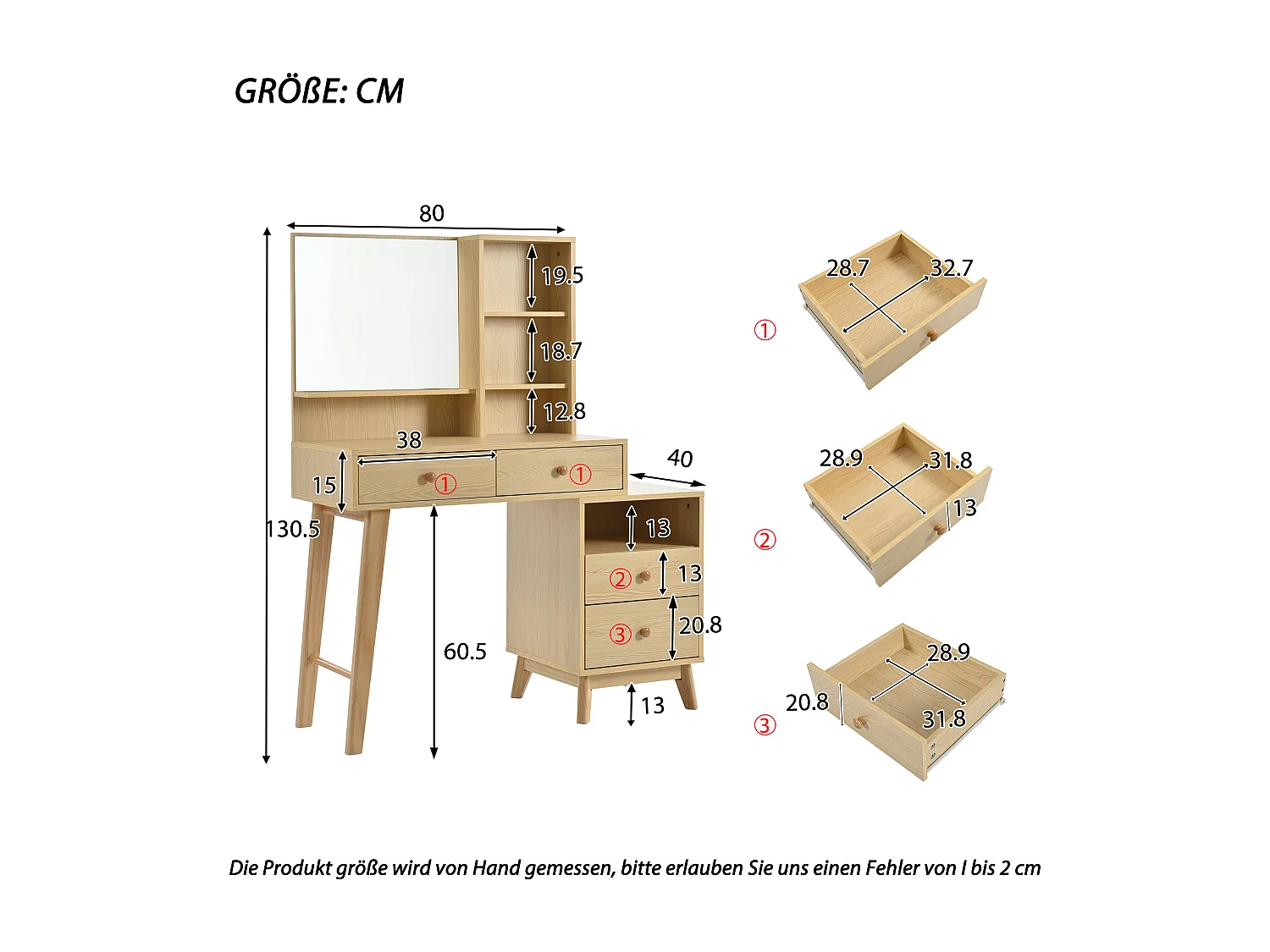 Toeletta con specchio LED - 4 vani aperti e 4 cassetti grandi - Pannelli di particelle di legno - Colore naturale