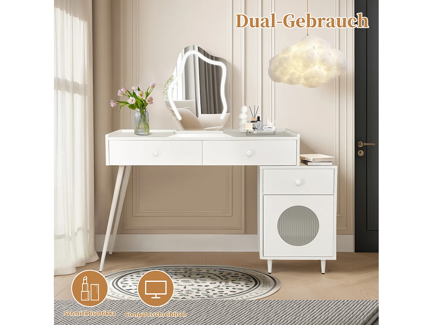 Coiffeuse avec miroir à LEDs - 3 Tiroirs et une porte - Panneaux de particules - Blanc