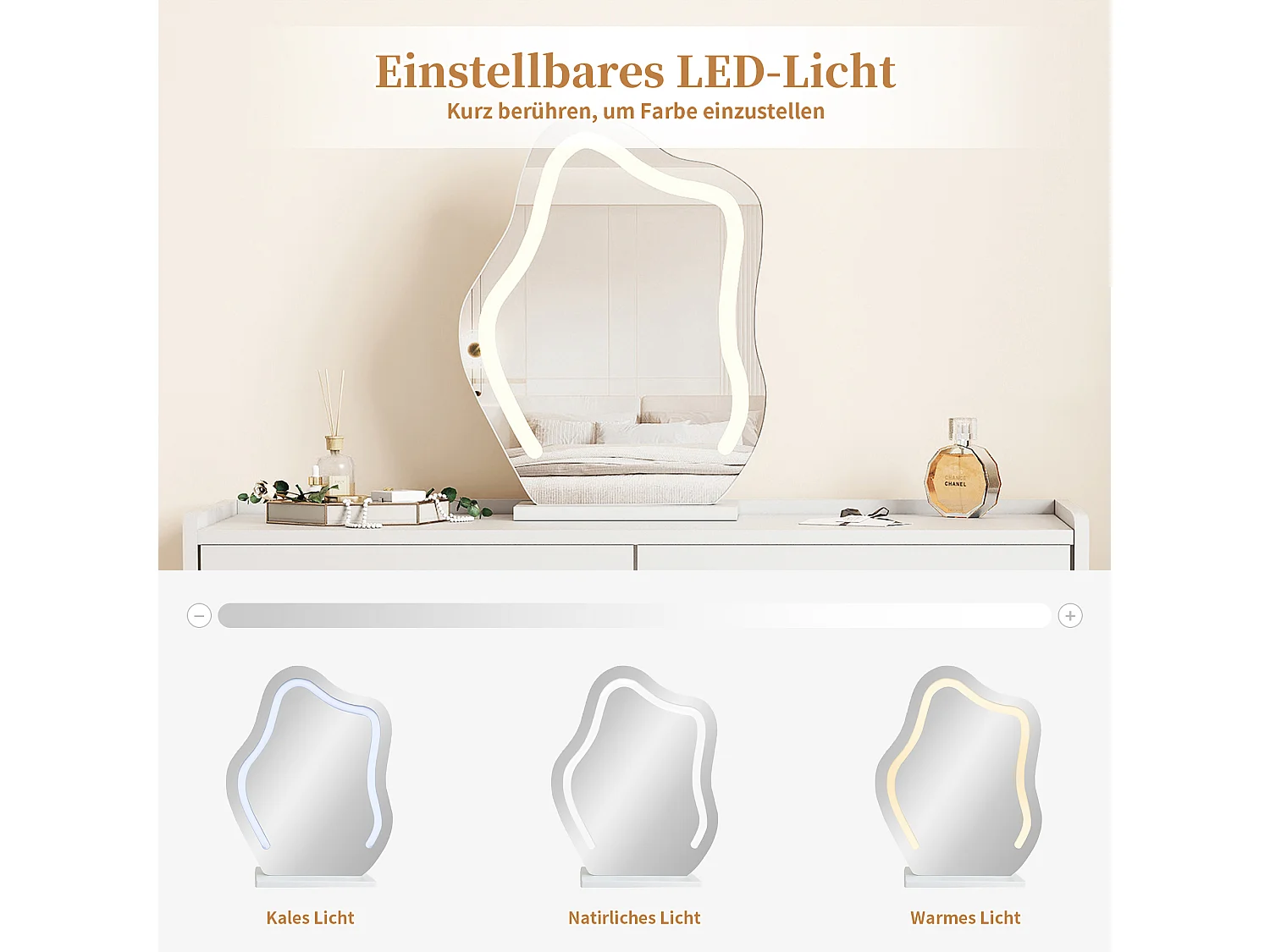 Coiffeuse avec miroir à LEDs - 3 Tiroirs et une porte - Panneaux de particules - Blanc