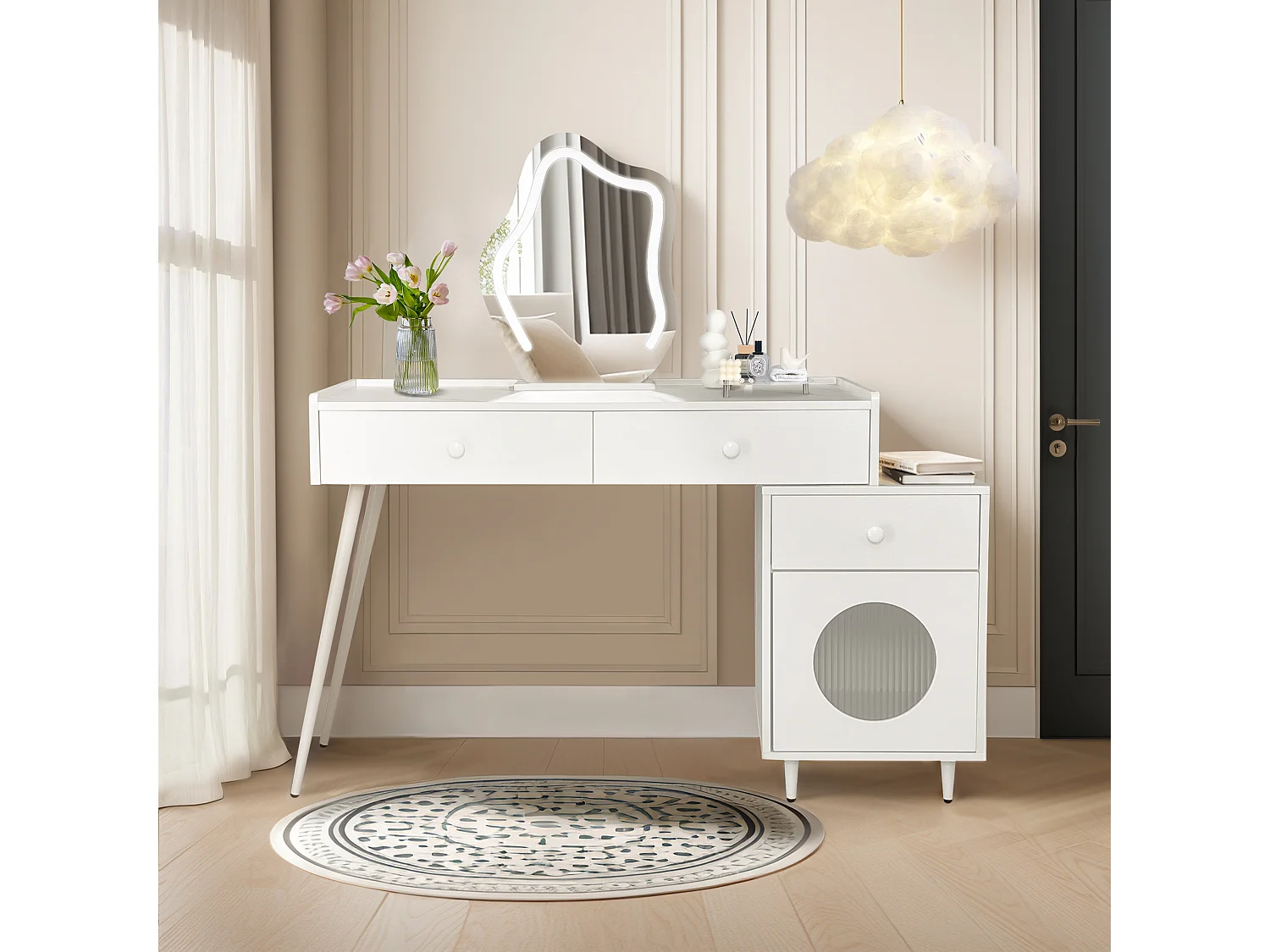 Tocador con espejo LED - 3 cajones y una puerta - Tablero de partículas - Blanco