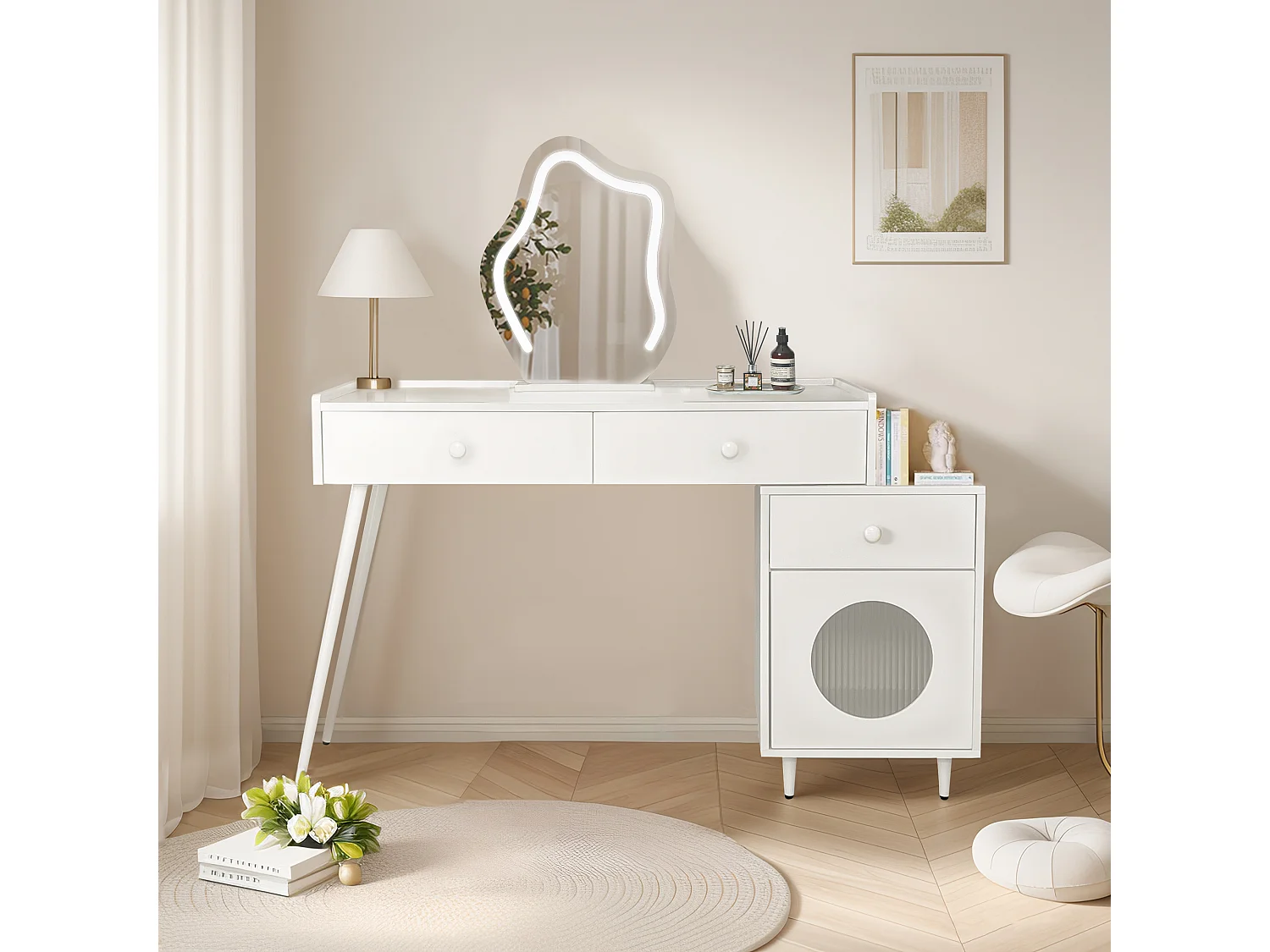 Tocador con espejo LED - 3 cajones y una puerta - Tablero de partículas - Blanco